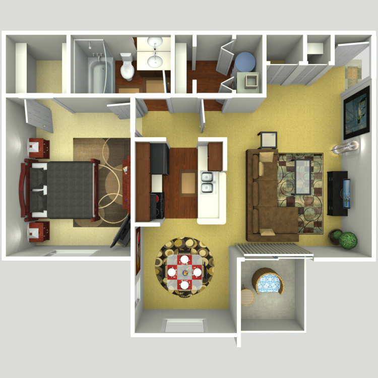 Floor plan for 1 bed, 1 bath, 672 sqft